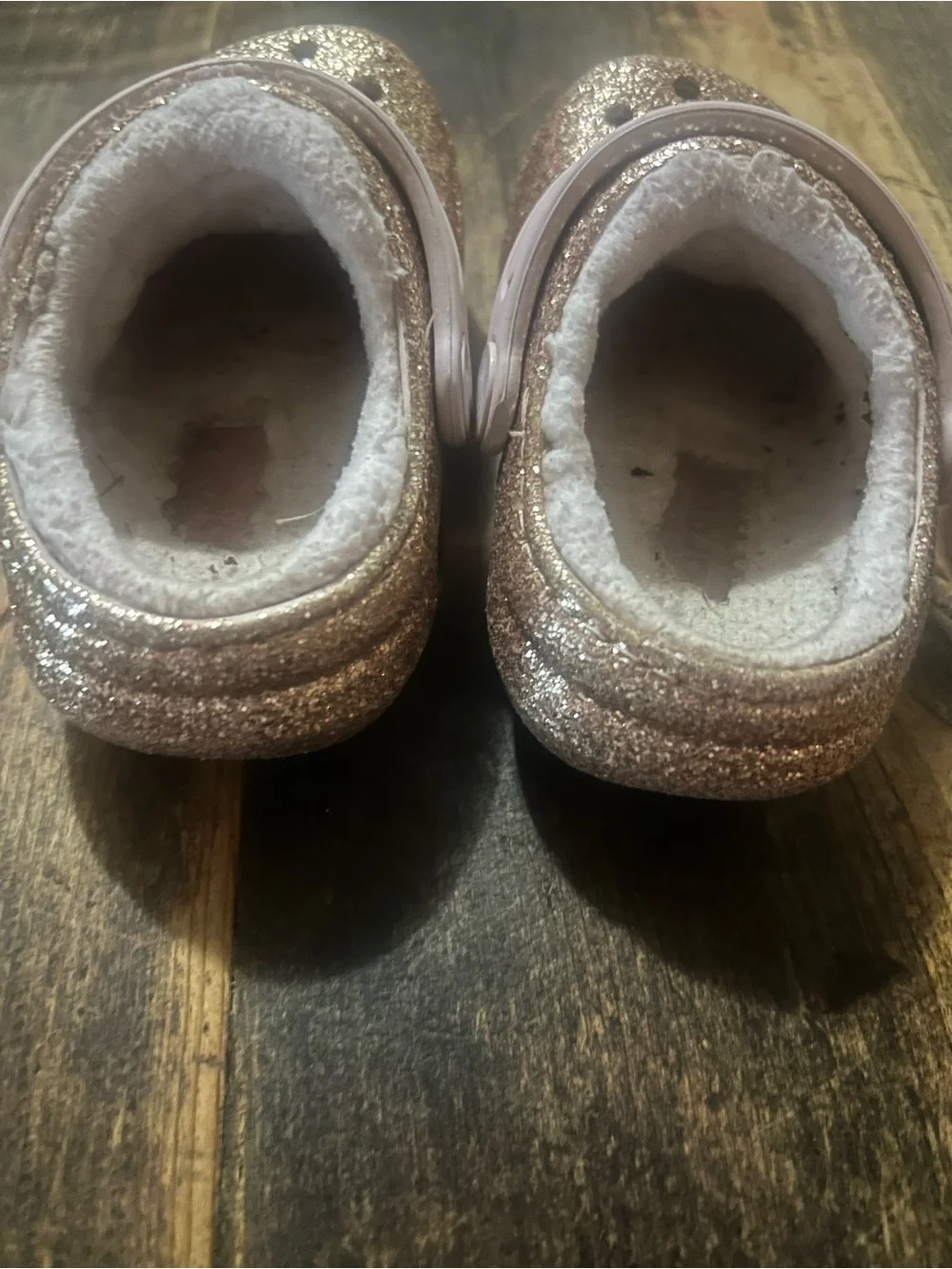 Crocs Shoes Kids Size C 6 Gold Glitter Classic Pink Faux Fur Lined Clog Slip On
